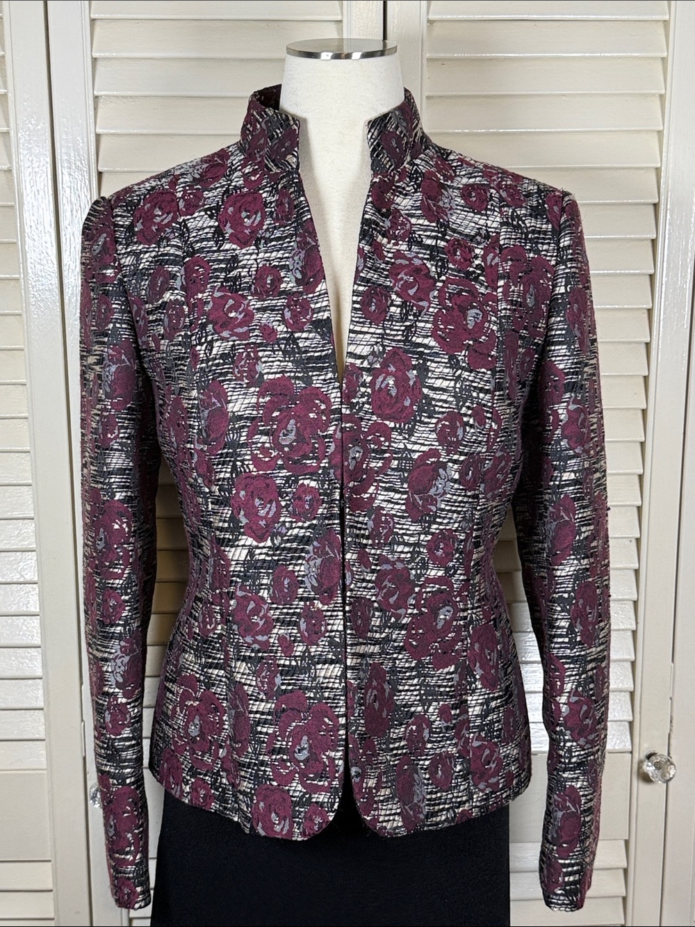 Jones New York Metallic Floral Jacquard Mandarin Collar Jacket Brocade Blazer 6